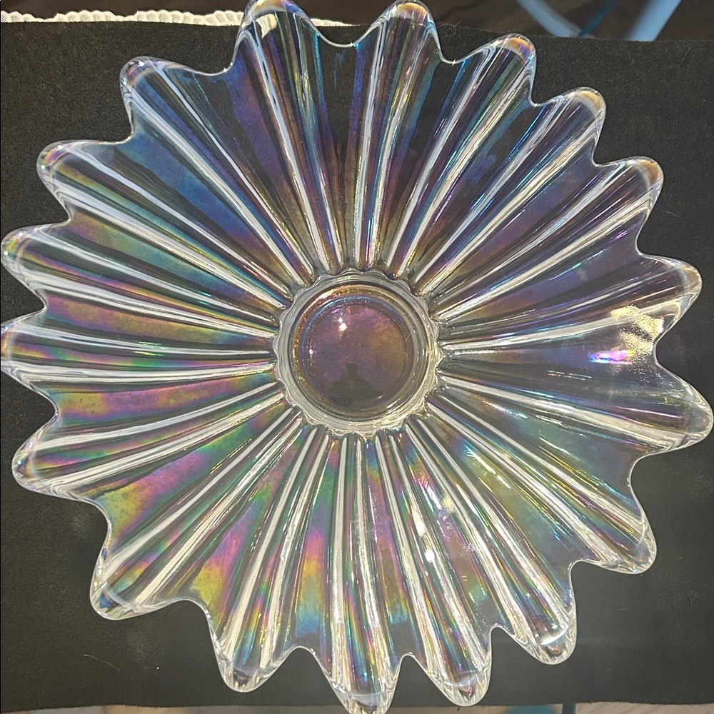 Beautiful iridescent glass bowl with scalloped edges